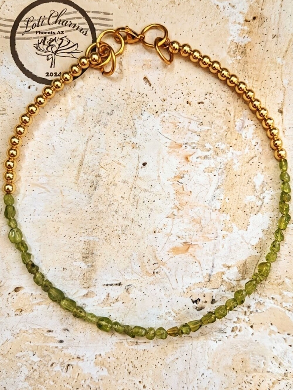 Genuine Green Peridot Chips & Gold Beads In Choker Necklace
